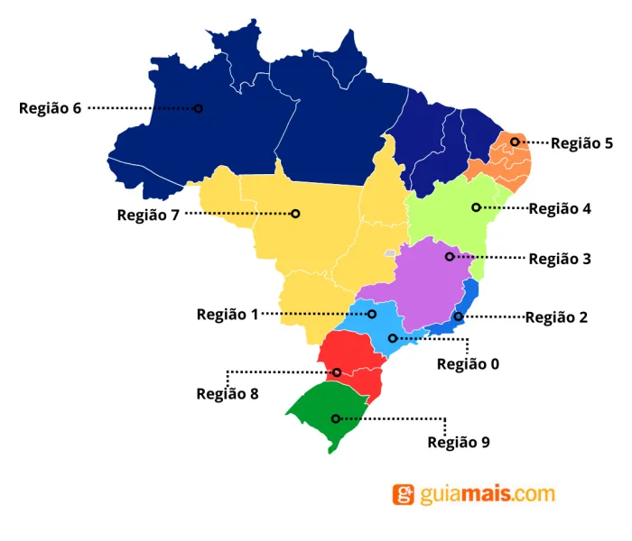 Mapa do Brasil dividido em 10 regiões de CEP, destacando a distribuição por cores.